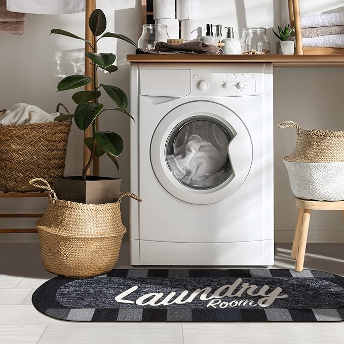 Machine Washable Checkered Border Laundry Room Rug Non-Slip Rubberback 2x5 Laundry Runner Rug for Laundry Room, Bathroom, Washroom, 20" x 59" Oval, Black