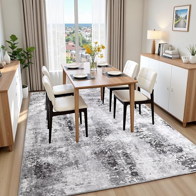 Washable Abstract Rug, 6x9 Modern Area Rugs with Non-Slip Rubber Backed for Living Room, Thin but Soft Contemporary Carpet Kitchen Bedroom Dining Room Decor, Dark Grey