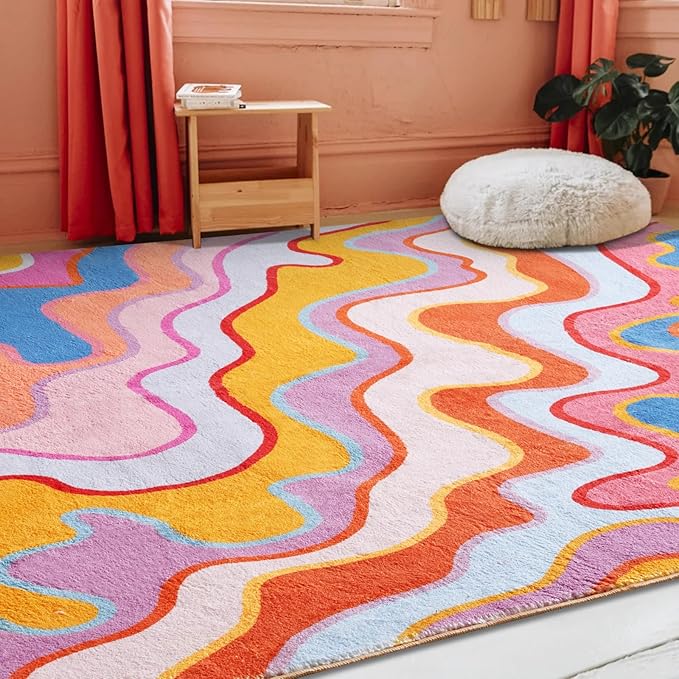 Vintage Abstract 4x6 Area Rug Ultra Thin Light Weight Funky Aesthetic Colorful Striped Non-Slip Living Room Rug Washable Throw Carpet for Kitchen Entryway Bedroom, Orange and Blush
