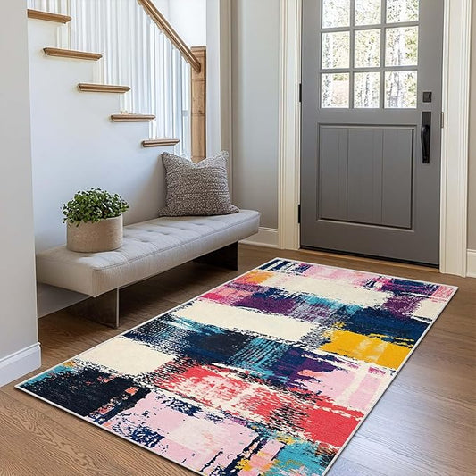 3x5 Entryway Rug Abstract Colorful Area Rug Bedroom Bedside Ultra-Thin Soft Small Carpet Bathroom Non Slip Indoor Entrance Low Pile Door Mat Kitchen Stain Resistant Washable Machine