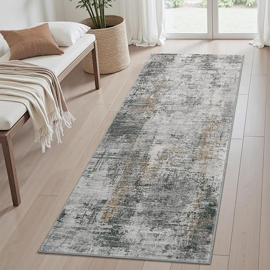 AMOAMI 2 x 6 Hallway Runner Rug Non Slip Super Soft Runner Rugs Machine Washable Low Pile Modern Abstract Runners for Hallways for Bedroom Laundry Room Kitchen, Grey
