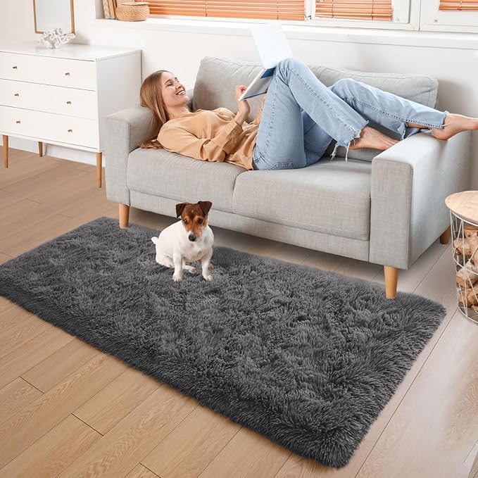 YJ.GWL Fluffy Runner Rugs for Bedroom Living Room Soft Shag Rug 2x6 Feet, Dark Grey Plush Carpet Non Slip for Nursery Dorm, Fuzzy Bedside Rug for Kids Boys Girls Room Home Decor