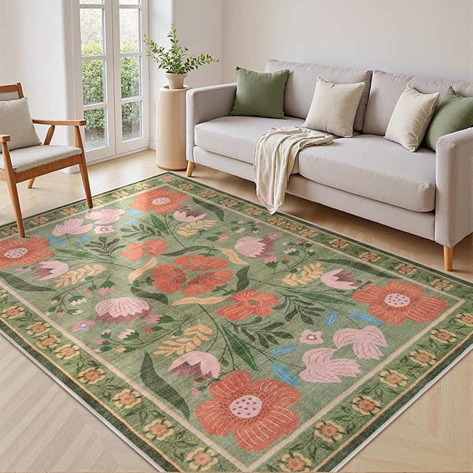 Beeiva Floral 5x7 Green Area Rugs, Machine Washable Living Room Area Rugs Non Slip Non-Shedding, Ultra Thin Carpet for Living Room Dorm Playroom (Green,5'x7')