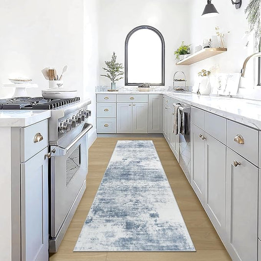 2'6''x8' Runner Rugs Washable Rug: Modern Abstract Living Room Rug Soft Anti-Skid Thin Carpet Indoor Floor Non-Shedding Carpets for Bedroom Dining Room Farmhouse Nursery Home Office - Blue White