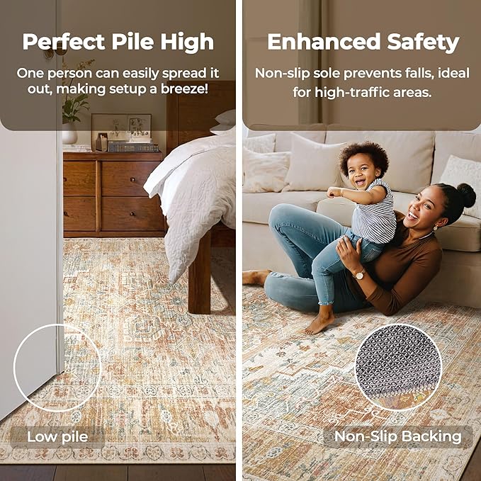 Washable Area Rugs Boho Non Slip Stain Resistant Thin Carpet Vintage Orange Printed Oriental Distressed 6x9 Rug for Living Room Bedroom Low Pile