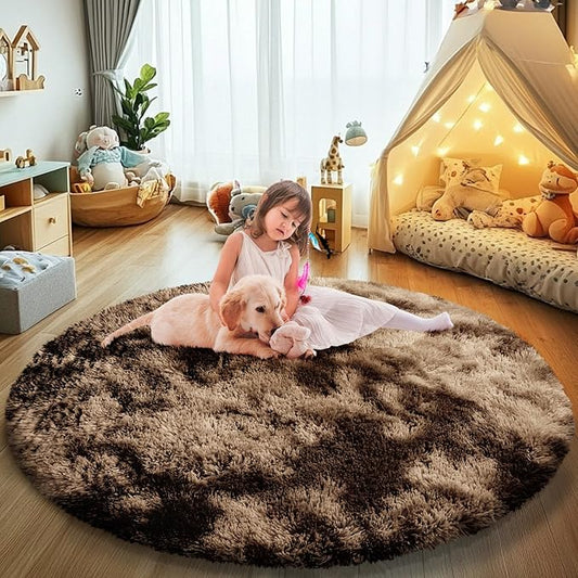 Tie-dye Coffee Fluffy Round Rug,Soft Area Rugs for Girls Room,Shaggy Rugs 3'X3' for Living Room,Non Slip Circle Rug for Kids Bedroom,Shag Plush Nursery Carpets,Fuzzy Rug for Dorm,Room Decor Carpet