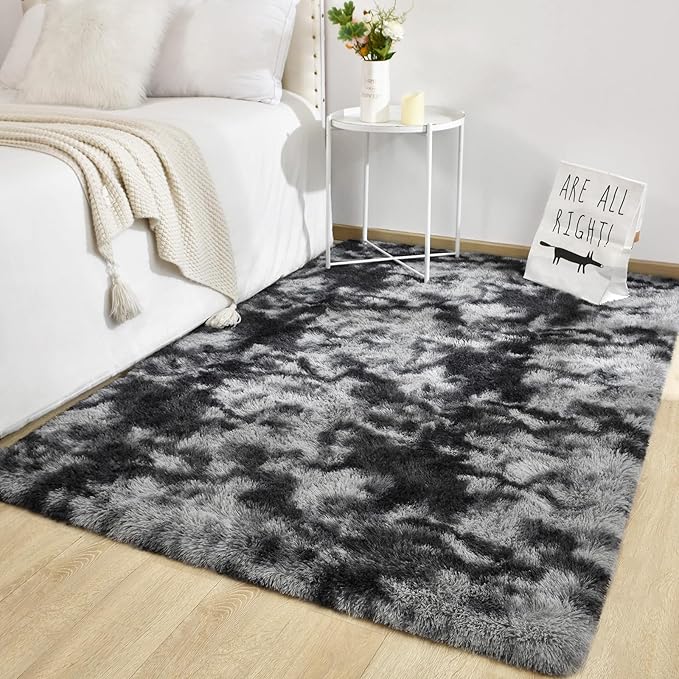 TWINNIS Super Soft Shaggy Rugs Fluffy Carpets 6x9 Feet, Indoor Modern Plush Area Rugs for Living Room Bedroom Kids Room Nursery Home Decor, Upgrade Anti-Skid Fuzzy Rug, Black and Grey