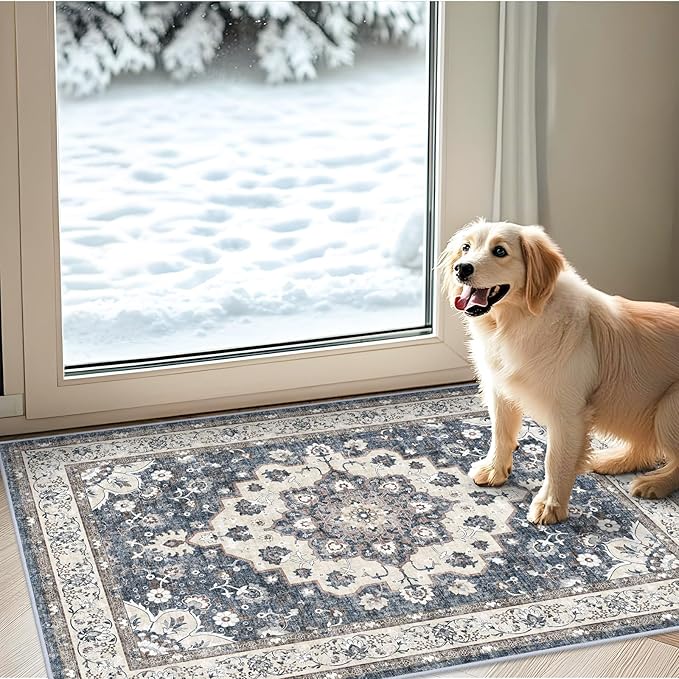Washable 2x3 Entryway Area Rug: Vintage Non-Slip Backing Rugs for Kitchen Bathroom Water Resistant Carpet for Bedroom Soft Low Pile Front Door Mat for Dining Room 2x3 Blue
