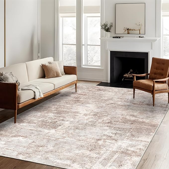 Washable Abstract Area Rug 5X7 - Rugs for Living Room Large Non Slip Indoor Entryway Rubber Backing Carpet Bedroom Kitchen Distressed Stain Resistant Floor Decor Mat Machine Washable 5X7 Brown