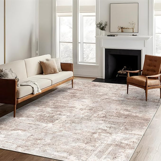 Washable Abstract Area Rug 5X7 - Rugs for Living Room Large Non Slip Indoor Entryway Rubber Backing Carpet Bedroom Kitchen Distressed Stain Resistant Floor Decor Mat Machine Washable 5X7 Brown