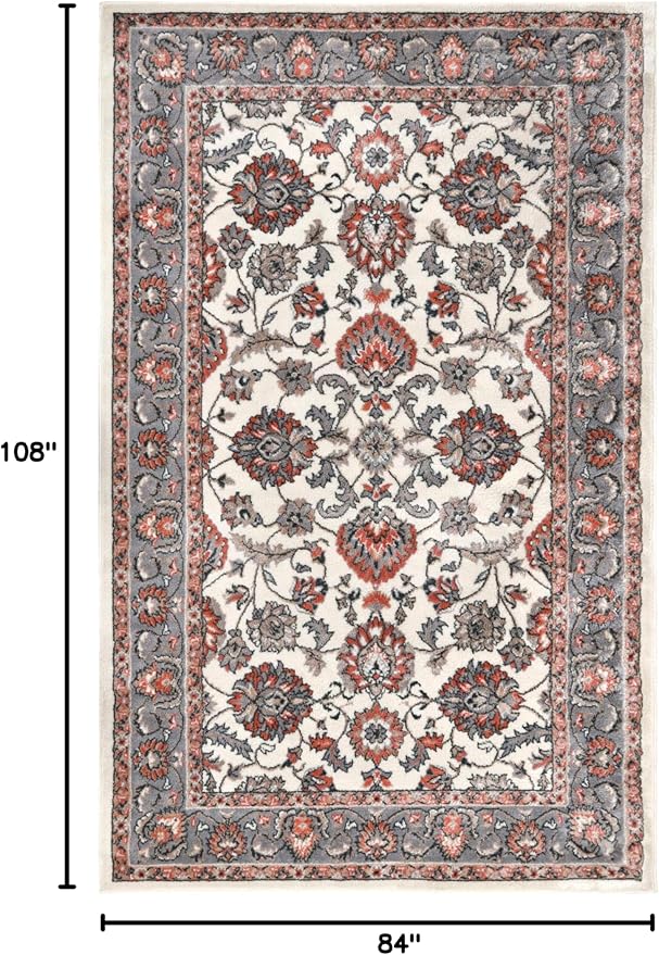 Superior Indoor Area Rug, with Jute Backing, Chic Bordered Floor Decor for Living Room, Bedroom, Office, Entryway, Kitchen, Dining, Floral Design, Lille Collection, 7' x 9', Brown-Salmon