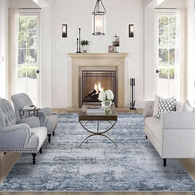 10x14 Area Rugs for Living Room: Large Machine Washable Area Rug with Non Slip Backing Non Shedding Abstract Stain Resistant Carpet for Bedroom Dining Room Nursery Home Office- Blue/Gray