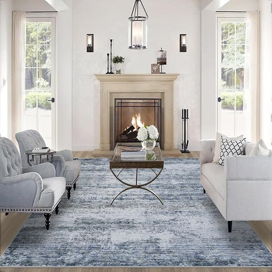 10x14 Area Rugs for Living Room: Large Machine Washable Area Rug with Non Slip Backing Non Shedding Abstract Stain Resistant Carpet for Bedroom Dining Room Nursery Home Office- Blue/Gray