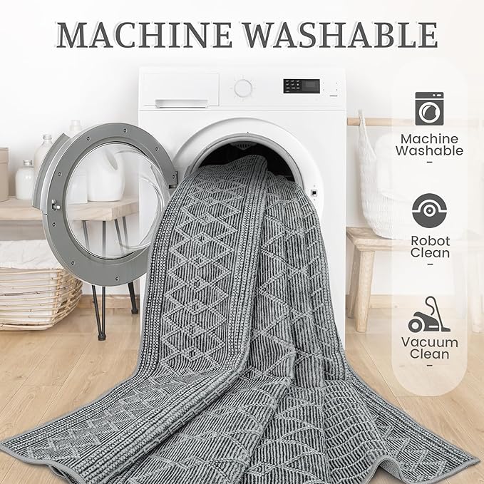 2x3 Rug Entryway Rugs: Washable Boho Small Geometric Moroccan Printed Pattern Rug Modern Indoor Soft Non Slip Ultra Thin Front Door Mat for Kitchen Bedroom (Black, 2'x3')