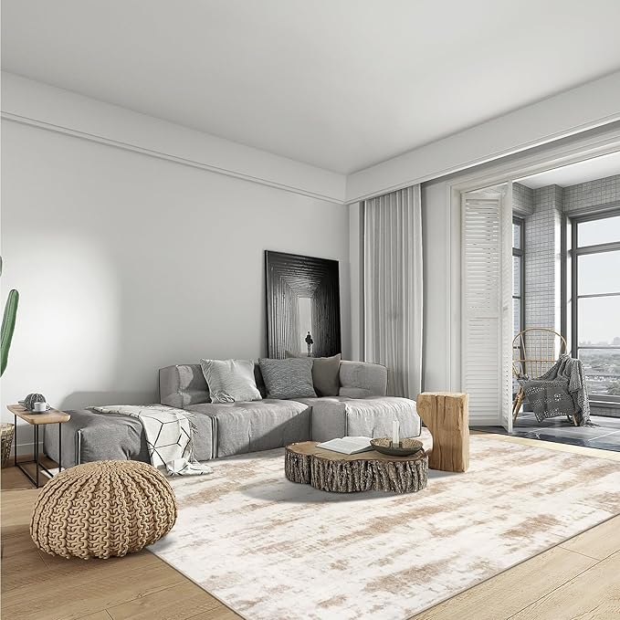 10x14 Area Rugs Washable Rug: Modern Abstract Living Room Rug Soft Anti-Skid Thin Carpet Indoor Floor Non-Shedding Carpets for Bedroom Dining Room Farmhouse Nursery Home Office - Brown Ivory