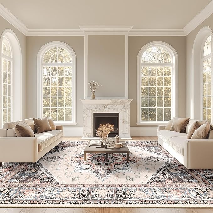 BESTSWEETIE 9x12 Area Rugs for Living Room Washable Non Slip Carpet Low Pile Soft Vintage Print Pattern Rug for Bedroom Dining Room Kitchen Entryway Indoor-Khaki/Beige/Purple/Black/Brick