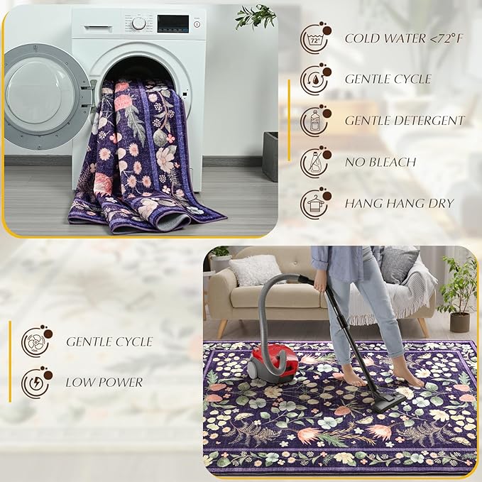 Area Rugs for Living Room, 6x9 Washable Non-Slip Rug for Bedroom, Vintage Floral Carpet for Home Office Nursery Dining Room Kitchen, Purple