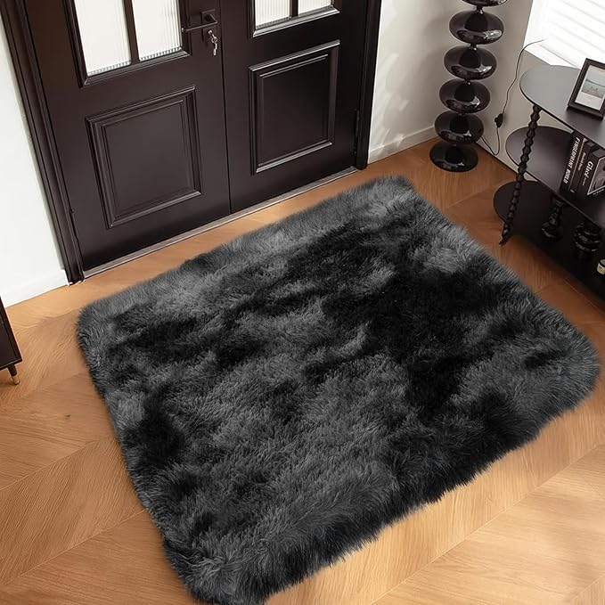 Zentavio Bedside Rugs Small 2x3 Shag Entry Entrance Rugs Soft Bedroom Carpet Area Rugs for Dorm College Essentials Non-Slip Living Room Throw Rug Home Decor Aesthetic Nursery Tie-Dyed Black Grey