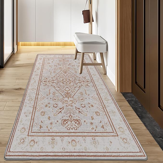 2x6 Washable Non-Slip Vintage Chenille Area Rug,Low Pile Distressed Floral Carpet for Entryway Kitchen, Boho Farmhouse Stain Resistant Indoor Rug