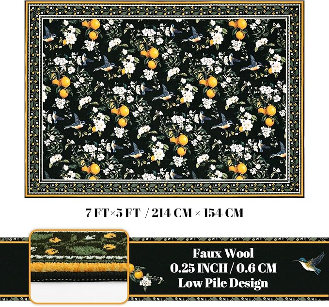 ASPMIZ Vintage Floral Area Rug 5x7 Rug for Living Room Black Washable Rugs for Bedroom Non Slip Soft Low Pile Lemon Hummingbird Throw Rugs for Dining Room Nursery Kitchen Entryway Laundry Office