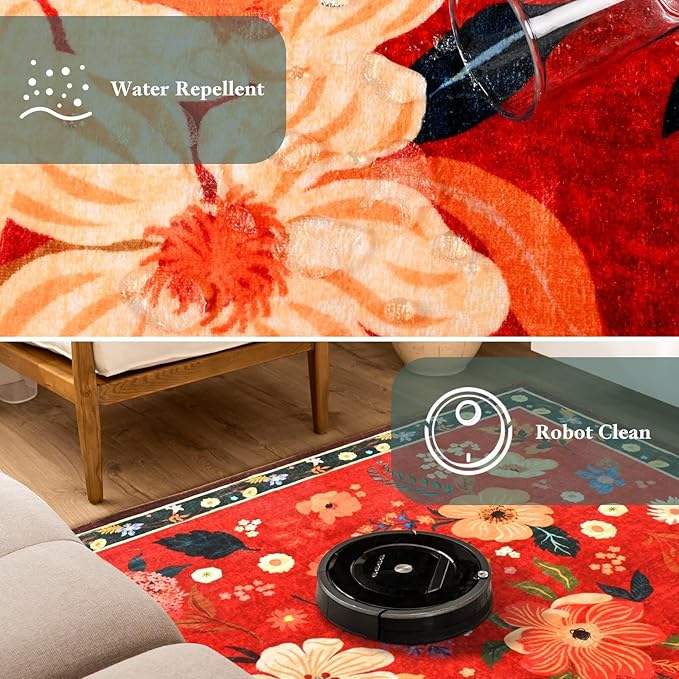 2x3 Small Floral Rug for Entryway, Flowers Printed Washable Rugs with Non Slip Backing for Girls Bedroom Kitchen, Cute Throw Carpet Front Door Entry Decor, Red