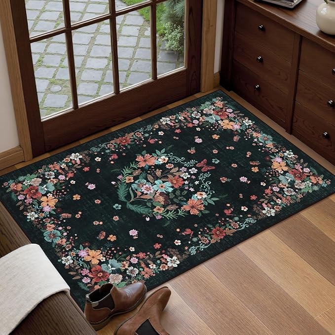 2x3 Floral Entryway Rugs Indoor Washable Rug, Black Kitchen Rugs Non Slip Bathroom Rugs Vintage Throw Rugs, Boho Front Door Rug Small Area Rugs for Bedroom Bedside Entry Entrance Sink