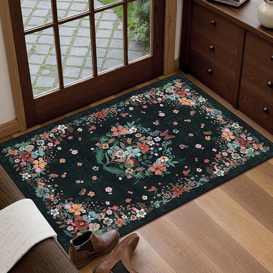2x3 Floral Entryway Rugs Indoor Washable Rug, Black Kitchen Rugs Non Slip Bathroom Rugs Vintage Throw Rugs, Boho Front Door Rug Small Area Rugs for Bedroom Bedside Entry Entrance Sink