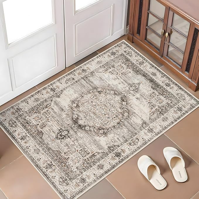 Washable Area Rugs 2x3 Entryway: Soft Ultra Thin Low Pile Mat Machine Washable Indoor Doormat Lightweight Entry Rug Anti Slip Backing Rugs for Living Room Bedroom Kitchen 2'x3' Beige