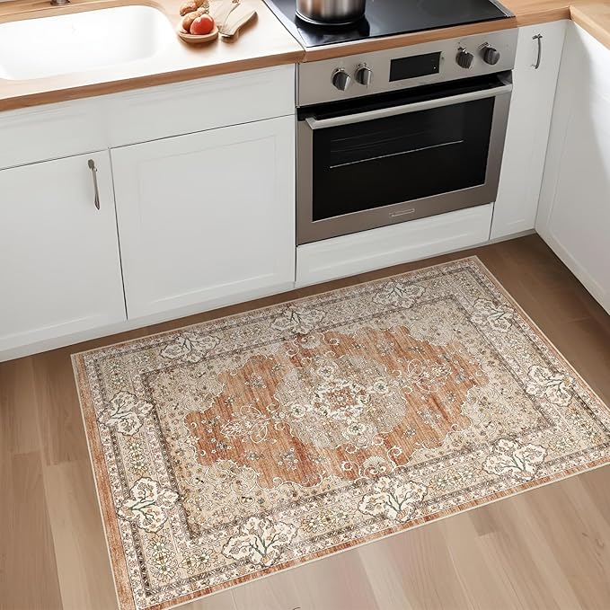 Washable Entryway 2x3 Rug: Small Boho Rugs for Indoor Entrance Non Slip Backing Stain Resistant Carpet Low Pile Throw Rugs for Bedroom Bedside Inside Front Door Floor Kitchen Decor(Brick,2x3FT)