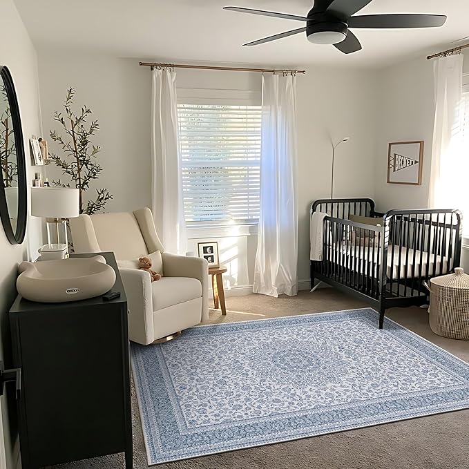 Floral Washable Area Rug 5x7, Spill-Proof Surface, Non-Slip Backing, Cozy Soft Faux Wool, Printed Rug for Living Room Bedroom Dining Room Nursery Home Office - Ieve