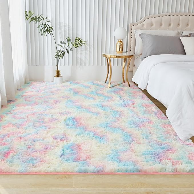 Andency 4x6 Shag Area Rug for Living Room, Rainbow Soft Fuzzy Plush Indoor Carpets for Bedroom, Non Skid Fluffy Faux Fur Rug for Nursery Kids Boys Girls Room