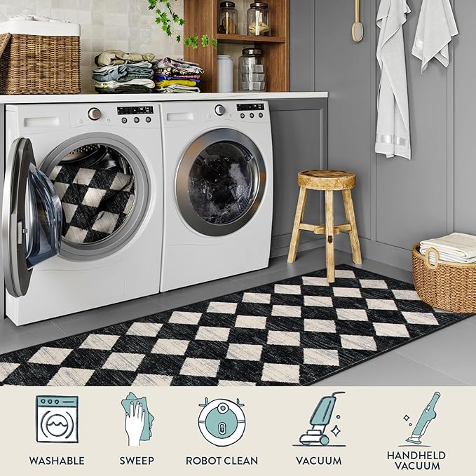 Lahome Moroccan Trellis Runner Rug - 2x6 Washable Black Bathroom Runner Rug Laundry Room Carpet Runner, Modern Soft Non Slip Indoor Floor Accent Mat for Bedside Kitchen Hall Bar Entryway RV