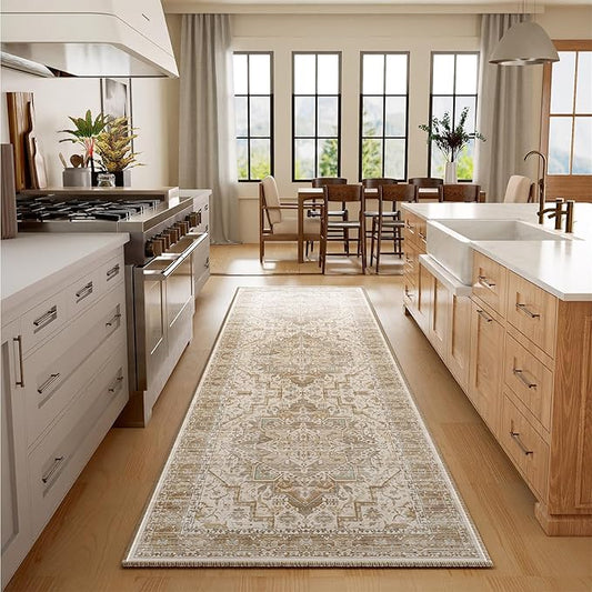 2x6 Area Rug Boho Machine Washable Living Room Rug Non Slip Low Pile Vintage Print Distressed Soft Carpet for Bedroom Diningroom Neutral Brown/Beige/Pink/Green