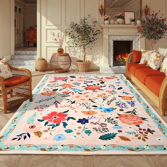 4x6 Floral Rug for Girls Bedroom, Machine Washable Area Rugs with Non Slip Backingfor Living Room, Cute Flowers Carpet Kitchen Dining Room Kids Playroom Decor, Peach White
