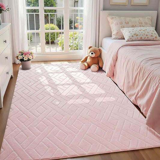 Ultra Soft Pink Area Rug for Girls Bedroom, 3x5 Modern Geometric Shag Rugs with Nonslip Backing for Living Room, Washable Fuzzy Carpet for Cozy Kids Room Nursery