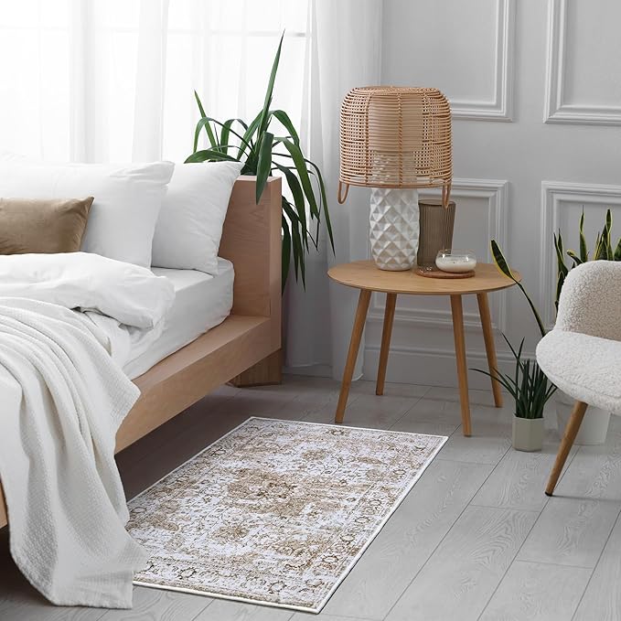 Keeko Small Rugs for Entryway, 2x3 Living Room Area Rug Vintage Door Mat Accent Bedroom Bedside Rug Indoor Low Pile Retro Non Slip Front Door Print Throw Rugs for Kitchen Laundry Room Decor Beige