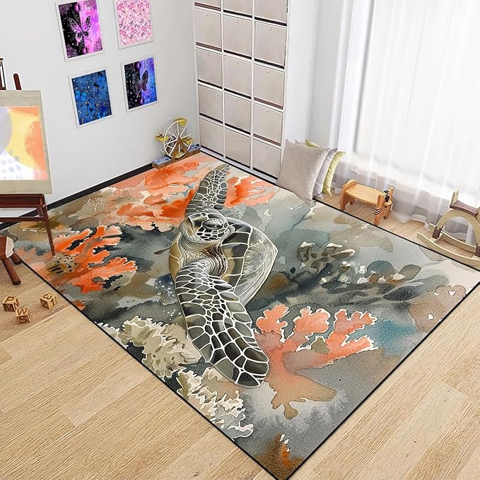 Sea Turtle Coastal Rug - Kids Sea Turtle Rugs for Bedroom Ocean Life Theme, 47" L x 39" W