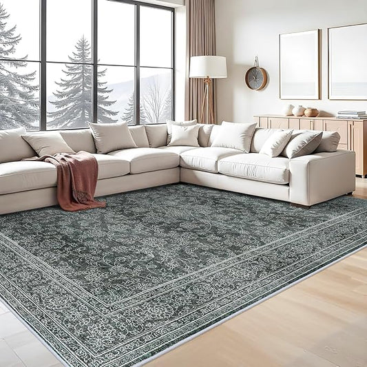 Washable Oriental Area Rug - 9x12 Rugs for Living Room Soft Carpet for Bedroom Waterproof Floral Distressed Indoor Stain Resistant Non-Shedding Floor Carpets (Black Green, 9x12)