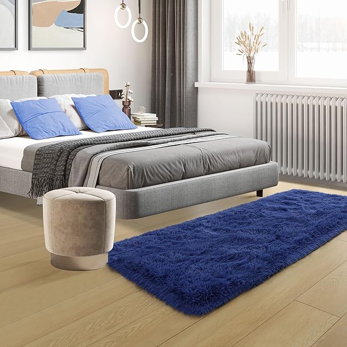 Tepook Soft Runner Rugs for Bedroom 2x6 ft with Rubber Backing, Navy Fluffy Rugs for Living Room, Shag Bedside Rug Fuzzy Plush Carpet for Room, Area Rug for Dorm Nursery Hallway Indoor Home Decor