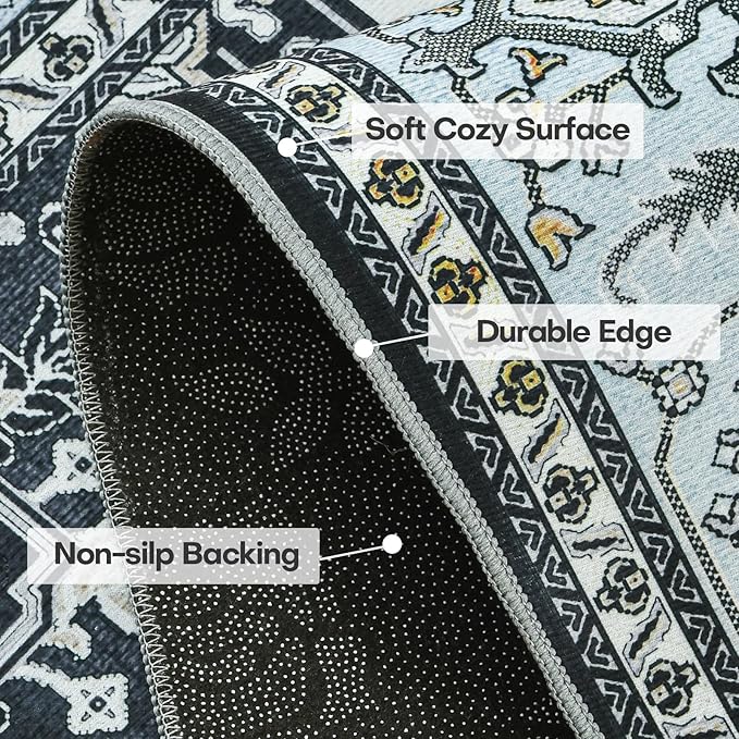 YJ.GWL Large Area Rug for Living Room, 5x7 Machine Washable Boho Rug for Bedroom, Low Pile Lightweight Thin Rugs Floral Vintage Distress Print Pattern Carpet for Dining Room, Clear Blue/Grey