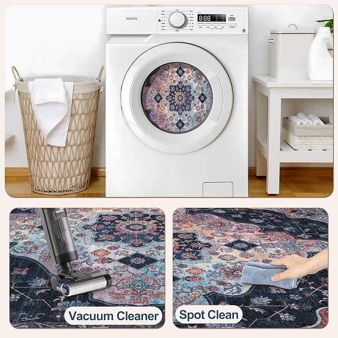 2x10 Washable Runner Rug for Hallways, Non Slip Vintage Runner Soft Low Pile Long Rug Runner, Print Distressed Navy/Mlulti Carpet Runners for Kitchen Bedroom Entryway Bathroom Living Room