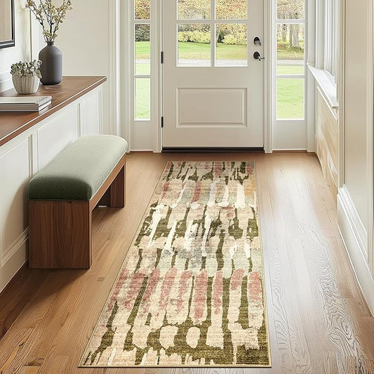 jinchan Spring Runner Rug 2x6 Modern Abstract Washable Runner Rug Soft Moss Green Multi Contemporary Home Decor Non Slip Backing Carpet for Living Room Laundry Room Bedroom