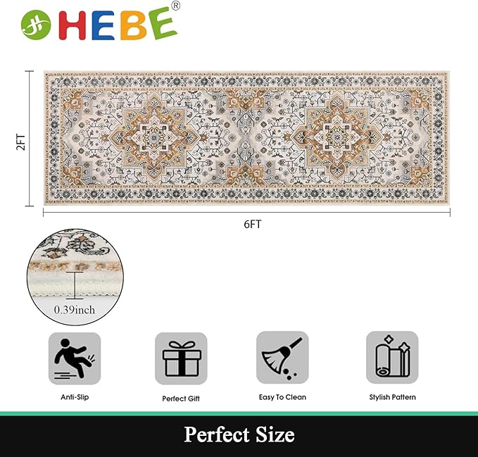 HEBE Hallway Runner Rug 2'x6' Washable Vintage Distressed Area Rugs Non Slip Laundry Rug Runner Boho Floor Carpet Runners for Hallways Entryway Laundry Room Kitchen Bathroom