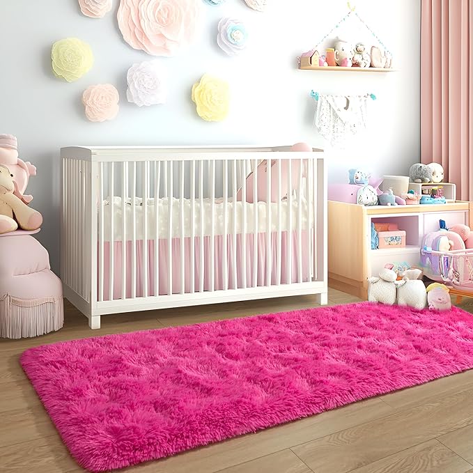 Tepook Soft Runner Rugs for Bedroom 2x6 ft with Rubber Backing, Hot Pink Fluffy Rugs for Living Room, Shag Bedside Rug Fuzzy Plush Carpet for Room, Area Rug for Dorm Nursery Hallway Indoor Home Decor