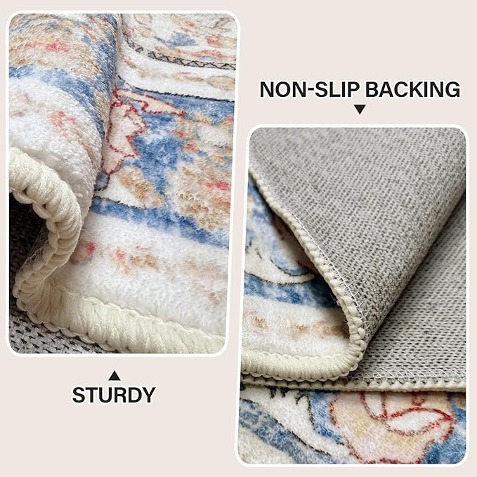 Vhong Boho Area Rugs Washable Runner Vintage Modern Neutral Carpet Blue 2×6 High Traffic Rugs for Kitchen Hallway Living Room Non Slip