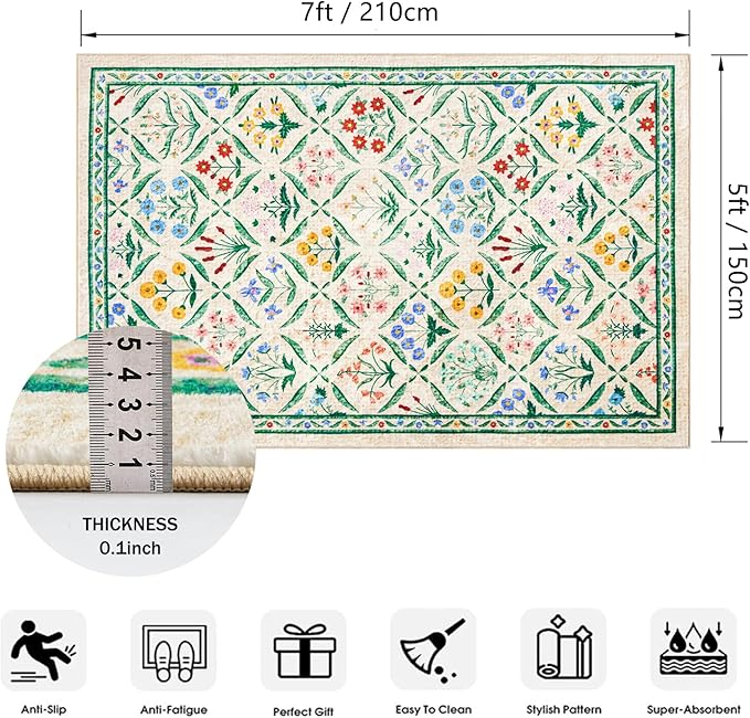 Vintage Floral Entryway Rug Washable, Thin Pile Oriental Distressed 5x7 Indoor Carpet Stain Resistant, Country Boho Flowers Cute Green Area Rug for Bedroom Dining Living Room Kitchen Nursery Dorm
