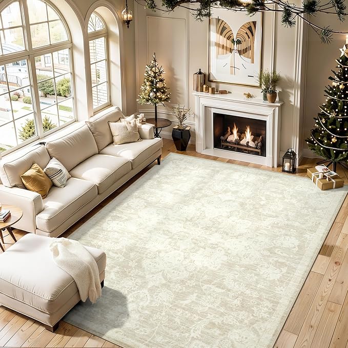 Washable Rugs 8x10 Area Rugs, Soft Vintage Living Room Rug with Anti-Skid Backing Stain Resistant Thin Indoor Carpet Large Area Rug for Bedroom Under Dining Room Table Nursery Entryway-Beige