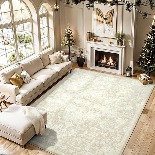 Washable Rugs 8x10 Area Rugs, Soft Vintage Living Room Rug with Anti-Skid Backing Stain Resistant Thin Indoor Carpet Large Area Rug for Bedroom Under Dining Room Table Nursery Entryway-Beige