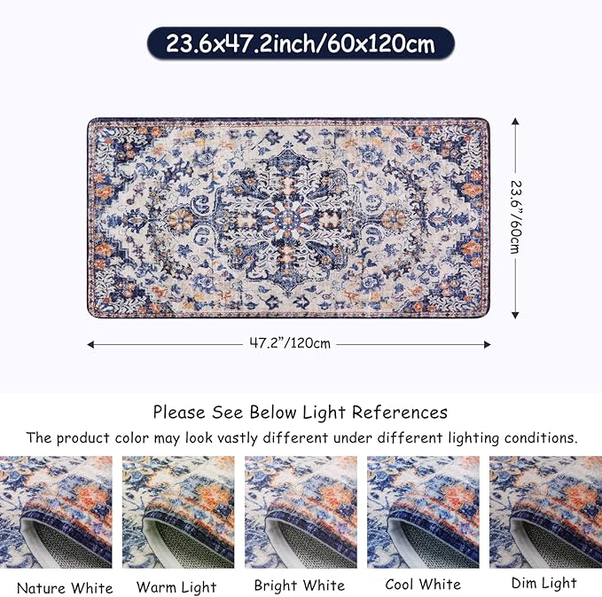 Lahome Bohemian Floral Medallion Runner Rug - 2x4 Blue Soft Bathroom Rug Runner Entry Way Mat, Washable Non Skid Laundry Room Carpet Runner for Living Room Dining Room Kitchen Entrance
