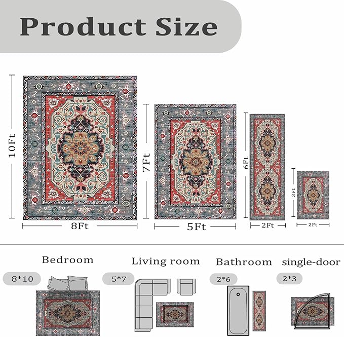 Washable Area Rugs 5'x7' Living Room, Non Slip Boho Vintage Low Pile Large Rugs for Living Room Stain Resistant for TribalBedroom, Farmhouse, Dining Room, Kids Playroom
